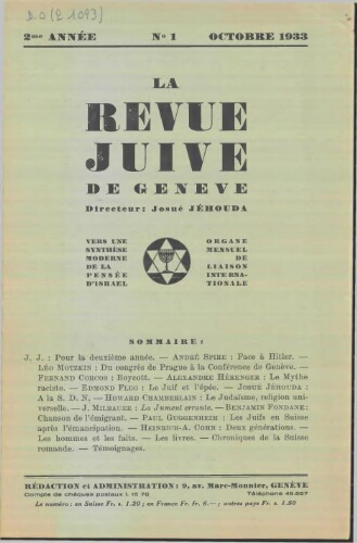 La Revue Juive de Genève. Vol. 2 n° 1 fasc. 11 (octobre 1933)